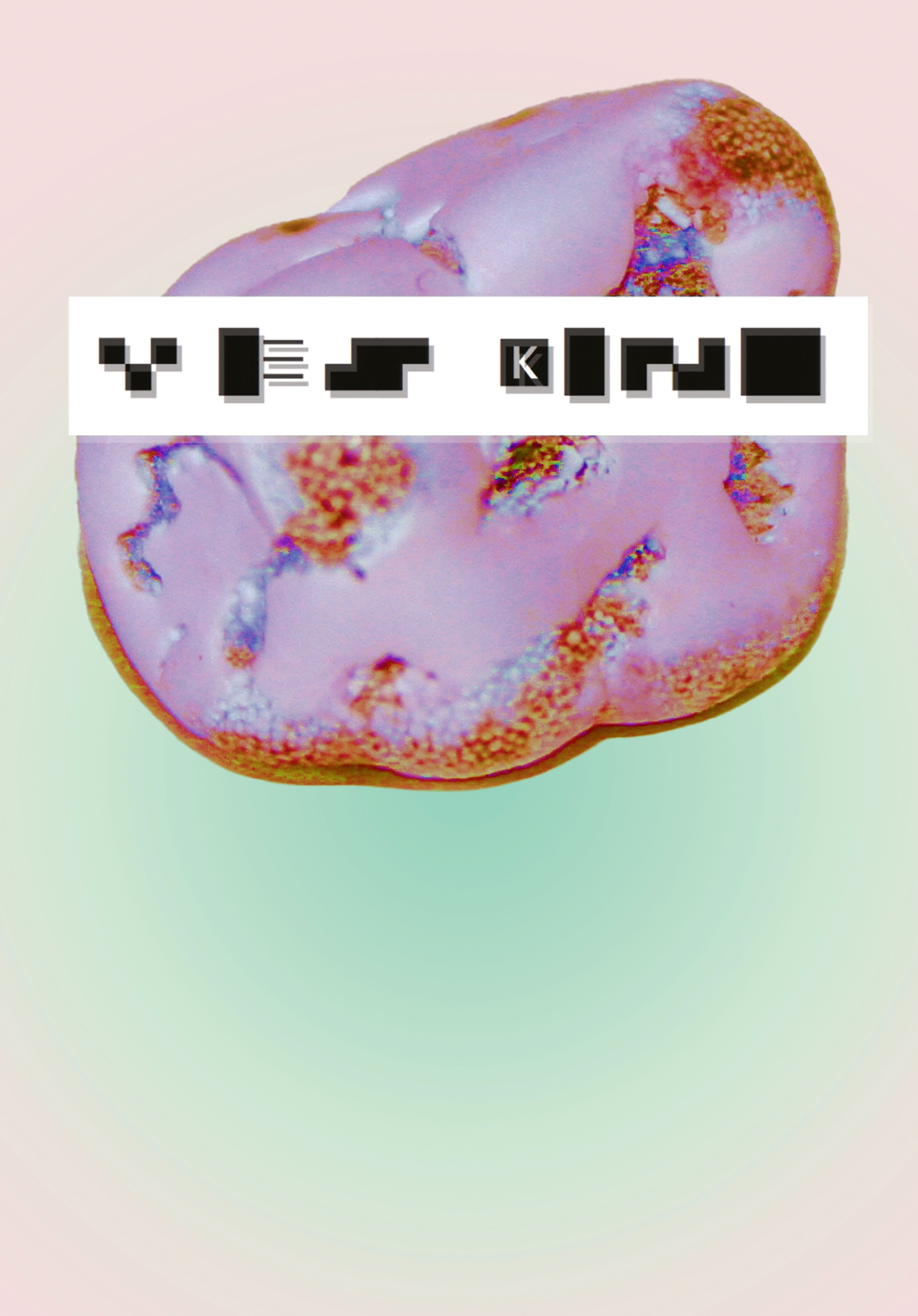 A large picture of a pink, smooth object, the logo of Yeskino, slightly rounded but not spherical, with orange-ish and purple holes in the surface. It might be a special kind of stone or maybe a type of sweet when seen from very close by. Across it, there is a white rectangle with black letters spelling Yeskino, using pixel art and other graphical play.