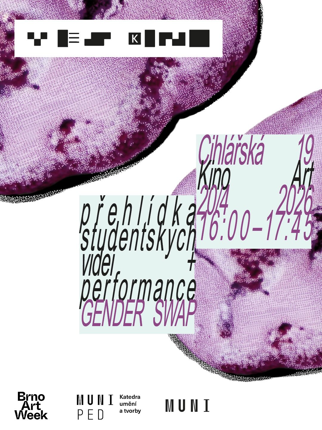 Invitation graphic, electronic poster with violet pixelated stones in the background and the dates and times written in thin, hight slightly slanting black or violet font on greenish white rectangles. The logos of BrnoArtWeek, Katedra umění a tvorby PdF and Masaryk University.